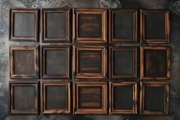 Poster - Wooden picture frames hanging on a wall, perfect for interior design projects
