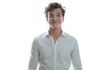 Poster - A young man in a white shirt posing for a picture. Perfect for business or casual concepts