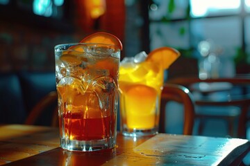 Two glasses of drinks on a wooden table, suitable for various beverage concepts