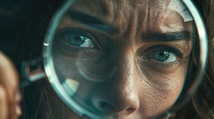 Poster - A woman examining something with a magnifying glass. Suitable for educational and research concepts