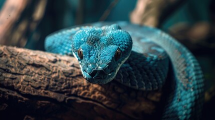 Poster - A close up of a blue snake on a branch. Suitable for nature and wildlife themes