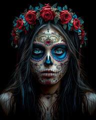 Wall Mural - T-shirt applique design. Portrait of a girl wearing makeup in honor of the Day of the Dead. Chicano style.