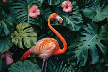 Poster - A pink flamingo standing in a lush green jungle. Perfect for nature and wildlife themes