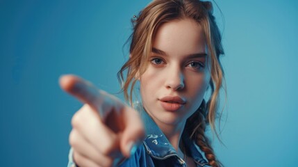 Poster - A woman pointing her finger directly at the camera. Ideal for business or communication concepts
