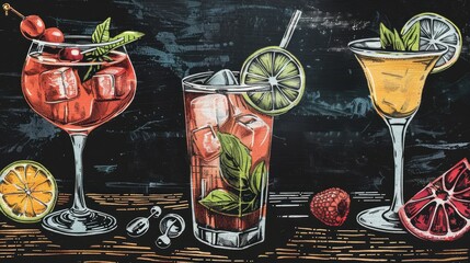 Poster - Three colorful cocktails on a table, perfect for bar or restaurant promotions