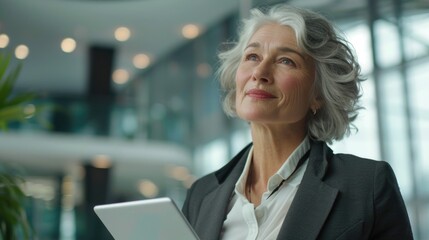 Poster - A professional woman in a business suit holding a tablet. Ideal for business presentations