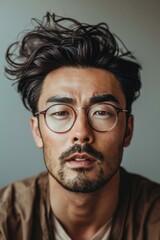 Poster - A man with glasses and a beard looking directly at the camera. Suitable for business and professional concepts