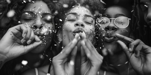 Aufkleber - A black and white photo of a group of people blowing confetti. Ideal for celebrations and parties
