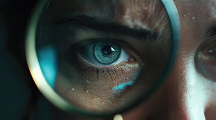 Poster - Close-up of someone using a magnifying glass for examination. Great for scientific, research or detective concepts