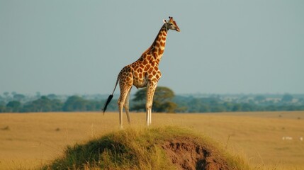 Poster - a tall giraffe standing on top of a dry grass covered field with trees in the background on a sunny day.