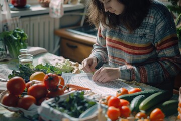 A woman sitting at a table with a variety of fresh vegetables. Suitable for cooking or healthy lifestyle concepts