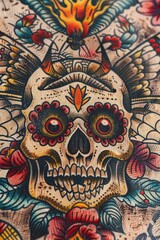 Poster - A close up of a skull surrounded by flowers. Suitable for Halloween or dark themed designs