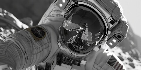 Poster - A close up of a person wearing a space suit. Perfect for science and technology concepts