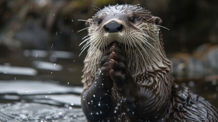 a close up of a wet otter in a body of water with it's hands in it's mouth.