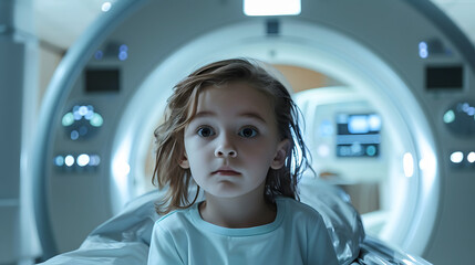 Poster - An interested child is behind the gantry of a CT or MRI machine and looks towards the camera
