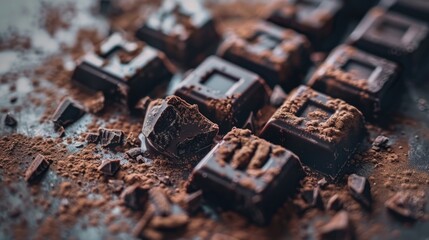 Poster - Close up of chocolate pieces on a table. Suitable for food and dessert concepts