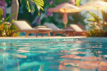 Poster - A serene pool setting with lounge chairs and umbrellas, perfect for vacation and travel concepts