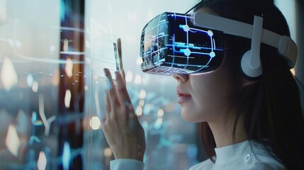 Poster - Woman wearing VR headset in front of window, suitable for technology concepts
