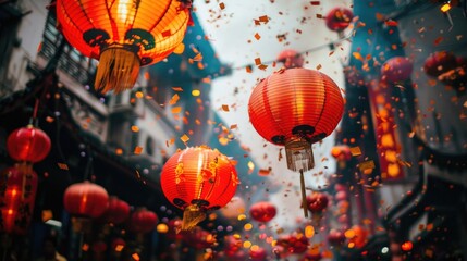 Poster - A vibrant street filled with red paper lanterns. Perfect for festive occasions and cultural celebrations