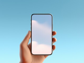 Sticker - Hand holding smartphone with blue sky background. Generative AI.