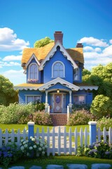 Poster - A blue house with a white picket fence and a garden. Generative AI.