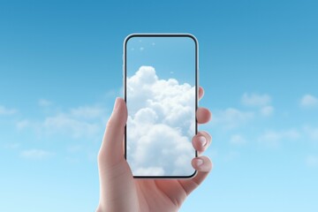 Sticker - Hand holding smartphone with sky and clouds background 3d illustration. Generative AI.