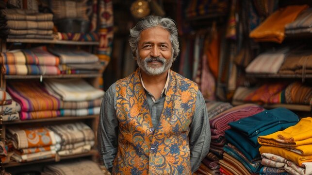An Indian shopkeeper showing clothes from his store 