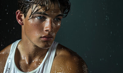 A young muscular male model with water droplets visible on his skin