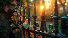 A Garden Gate, With Vines Creeping Along The Fence As The Background, During The Enchanting Twilight Hours