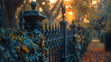 A Garden Gate, With Vines Creeping Along The Fence As The Background, During The Enchanting Twilight Hours