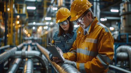 Poster - Asia oil and gas production control engineer or supervisor with digital pad monitoring natural gas supply and distribution in refinery Installation view of natural gas refinery pipes 