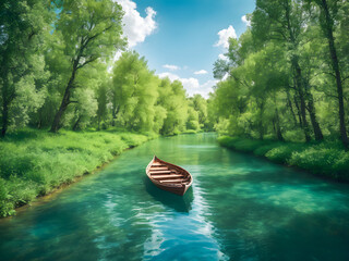 Wall Mural - Beautiful landscape with a wooden boat on the river in the forest