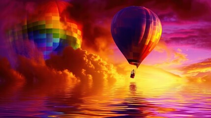 Wall Mural - a group of hot air balloons floating in the sky over a body of water with a sunset in the background.