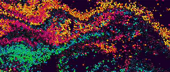 Wall Mural - Colorful gradient dots randomly flowing and swirling in liquid stream. Chaotic motion of small colorful circles. Abstract dynamic particles background for banner, flyer, poster. Vector Illustration
