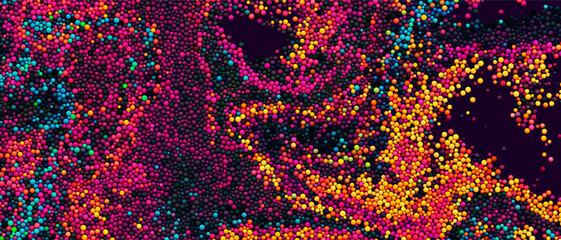 Colorful gradient dots randomly flowing and swirling in liquid stream. Chaotic motion of small colorful circles. Abstract dynamic particles background for banner, flyer, poster. Vector Illustration