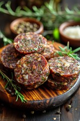 Wall Mural - Top view slice of homemade sausage with rosemary on a round wooden board