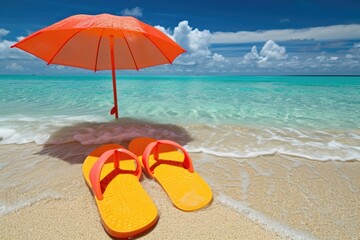 yellow flip flops on sandy ocean tropical beach with sea wave and blue sky with copy space.