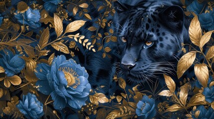 Poster - a painting of a black tiger surrounded by blue flowers and gold leafy branches with a blue flower in the foreground.