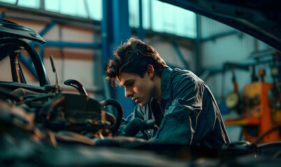 Wall Mural - Young repairman bending over open hood with engine during checkup