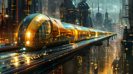 Wall Mural - Futuristic train on the track in time and space.