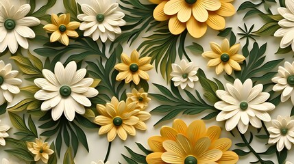 3d floral flowers seamless repeat pattern, floral pattern, flower paper art, in the style of light peach and dark teal polish folklore motifs, detailed foliage