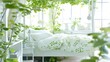 a bedroom with a bed covered in a white comforter next to a window with potted plants on it.