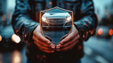Fototapeta  - Close-up of a man's hands holding a reflective shield with a car image