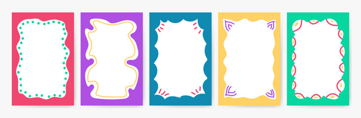 Poster - Hand drawn multicolored textbox for social media. Doodle Wave scalloped edge background. Patterned border text set. Trendy graphic template of curved frame. Geometric abstract children creativity