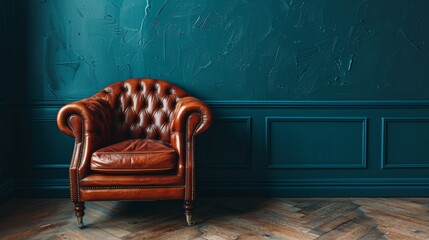 Wall Mural - Mock up Modern interior of living room with leather armchair on wood flooring and dark blue wall, copy space.