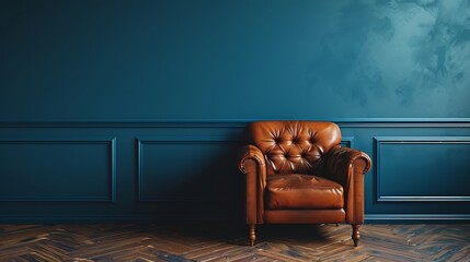 Wall Mural - Mock up Modern interior of living room with leather armchair on wood flooring and dark blue wall, copy space.