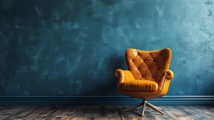 Wall Mural - Mock up Modern interior of living room with leather armchair on wood flooring and dark blue wall, copy space.