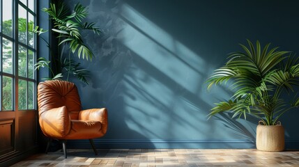 Wall Mural - Mock up Modern interior of living room with leather armchair on wood flooring and dark blue wall, copy space.