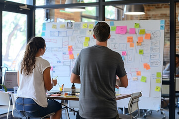 Business team brainstorms together using sticky notes on a whiteboard.