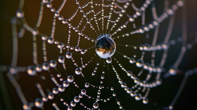 a close up of a spider web with drops of water on the spider's web, with a dark background.